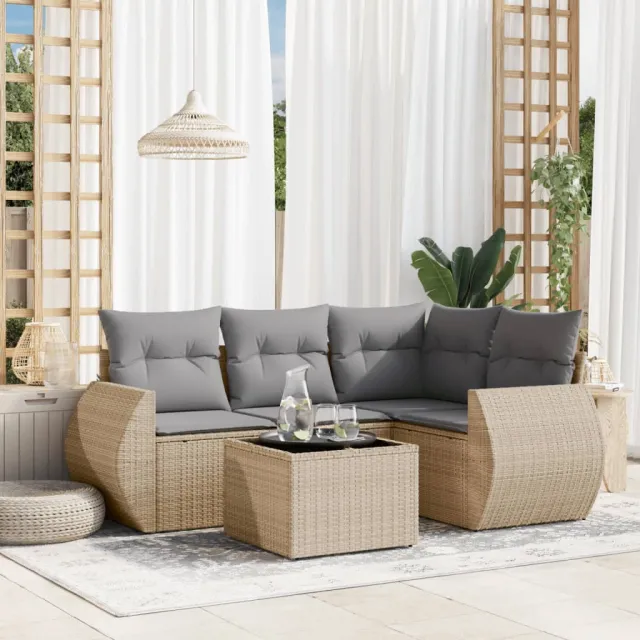 vidaXL 5-delige Loungeset met kussens poly rattan beige, foto 2