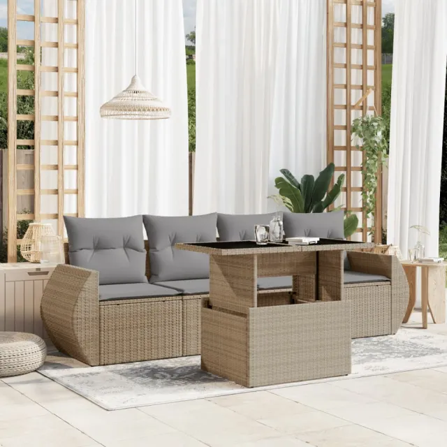 vidaXL 5-delige Loungeset met kussens poly rattan beige, foto 2