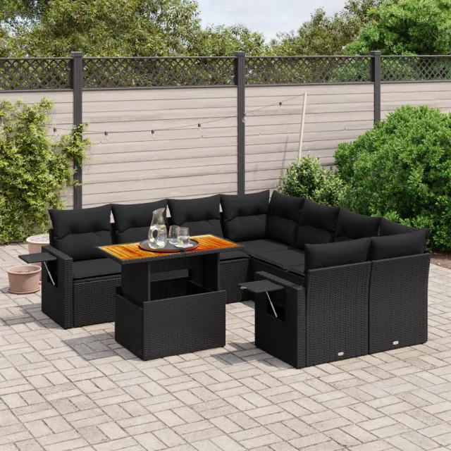 vidaXL 9-delige Loungeset met kussens poly rattan zwart, foto 2