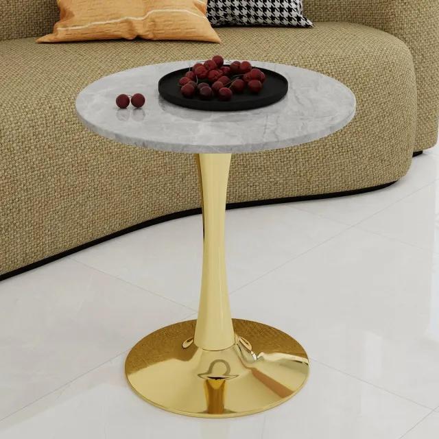 COVREO Salontafel 70x70x72 cm – rond, goud, marmerlook fineer blad, geschikt voor 2 personen Golden