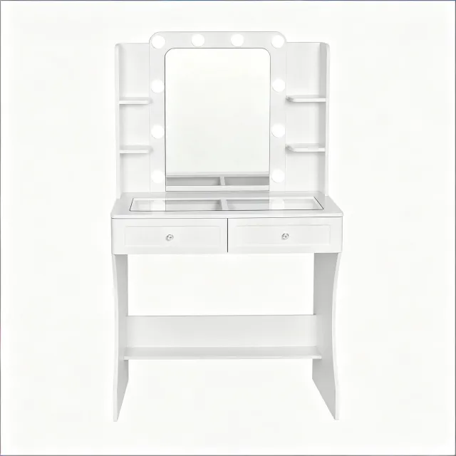 Ropilly Kaptafel Met Spiegel En Ledverlichting - Make Uptafel Met Twee Laden En Vier Open Vakken - Voor Slaapkamer En Dressing - Wit MDF Met Glasblad White
