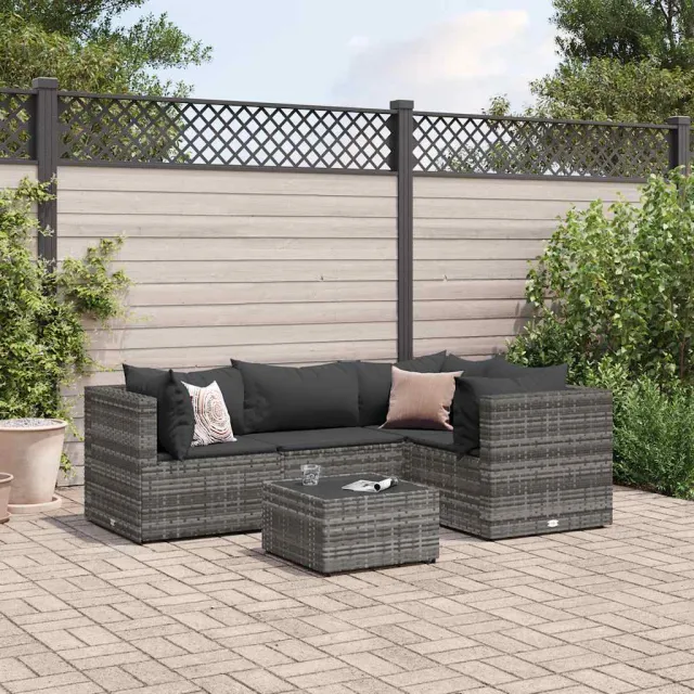 vidaXL 5-delige Loungeset met kussens poly rattan grijs, foto 2
