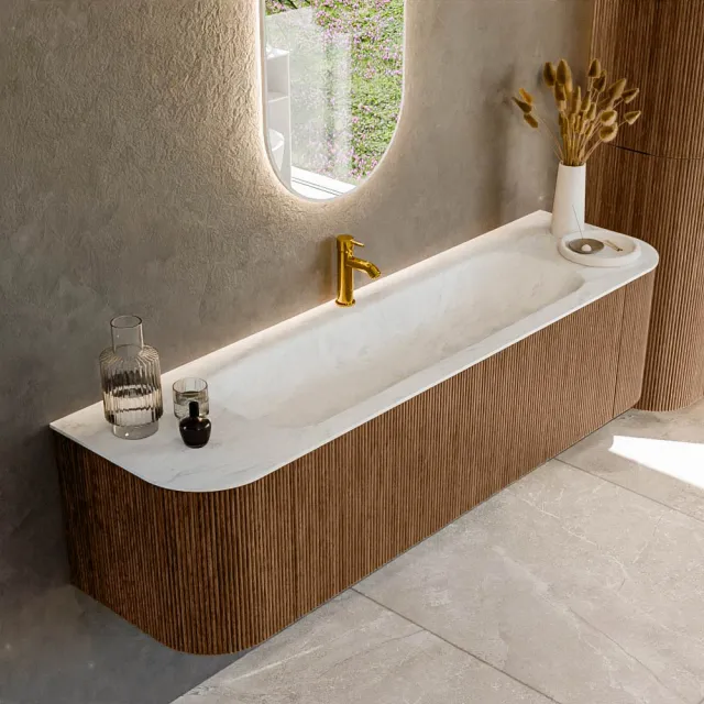 Mondiaz KURVE-DLUX 170 cm Onderkast Greeploos 1 Lade Met Deuren Walnut, Wastafel Solid Surface Midden Opalo 1 Kraangat Zonder Spiegel (KRVBGL170L+R1L2D1KM-Wal/Opa)
