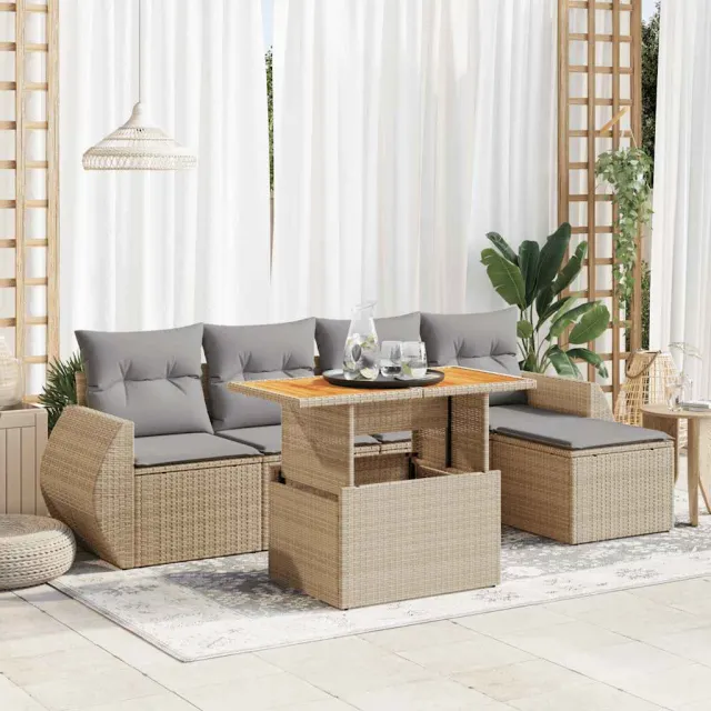 vidaXL 6-delige Loungeset met kussens poly rattan beige, foto 2