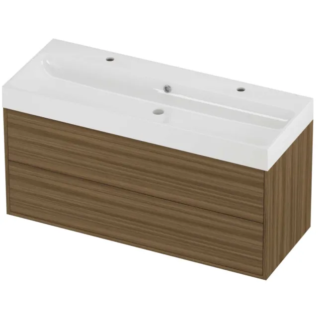 Proline Podium Badmeubelset Polystone Loft 2 Gaten 120x46x62 cm Glans Wit Caramel Walnut Houtlook
