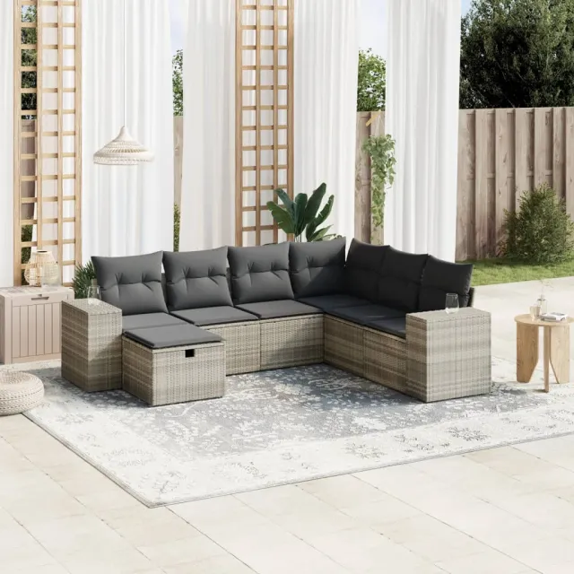 vidaXL 7-delige Loungeset met kussens poly rattan lichtgrijs grijs, foto 2