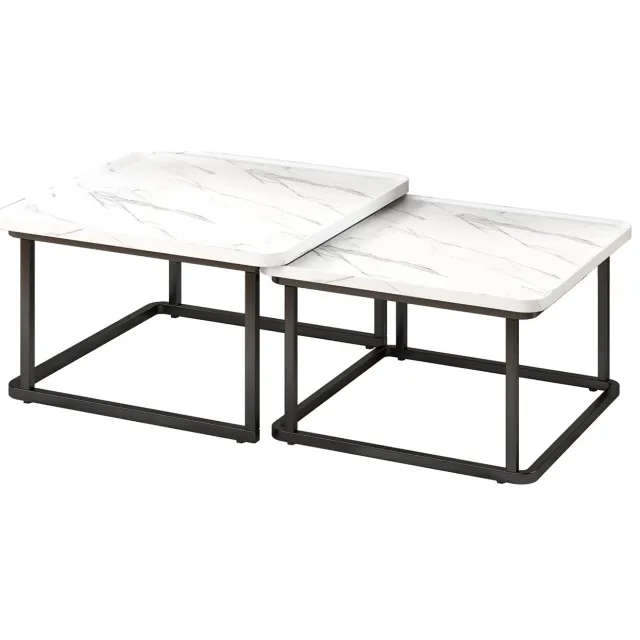 Danky Salontafel Set van 2 - Ronde Nesting Bijzettafels - Marmerlook & Gouden Metalen Frame - Ruimtebesparend Modern Design Wit