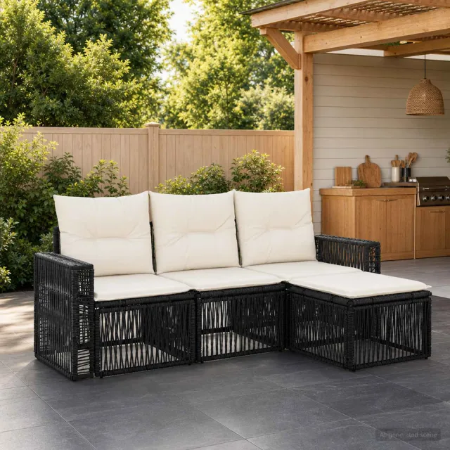 vidaXL Tuinbankenset 4 st 4-zits Zwart en Cream Wit poly rattan, foto 2