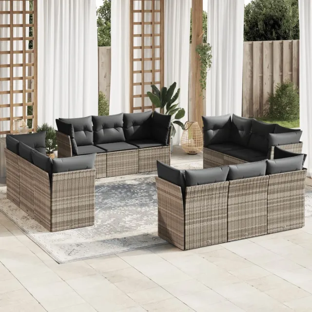vidaXL 12-delige Loungeset met kussens poly rattan lichtgrijs grijs, foto 2