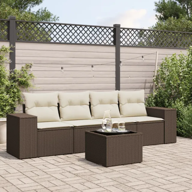 vidaXL 5-delige Loungeset met kussens poly rattan bruin, foto 2