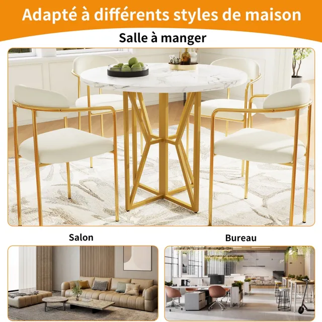 HAUSS SPOLE Eettafel - Rond 80x80x76 Cm - Marmerlook MDF Blad Met Gouden Poten - Verstelbare Pootjes En 60Kg Draagkracht - MDF+Metaal - Goud