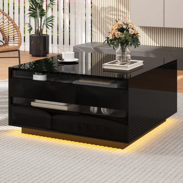 COVREO Salontafel 70 x 70 x 38 cm - hoogglans zwart, opklapbaar, met lade en LED Black