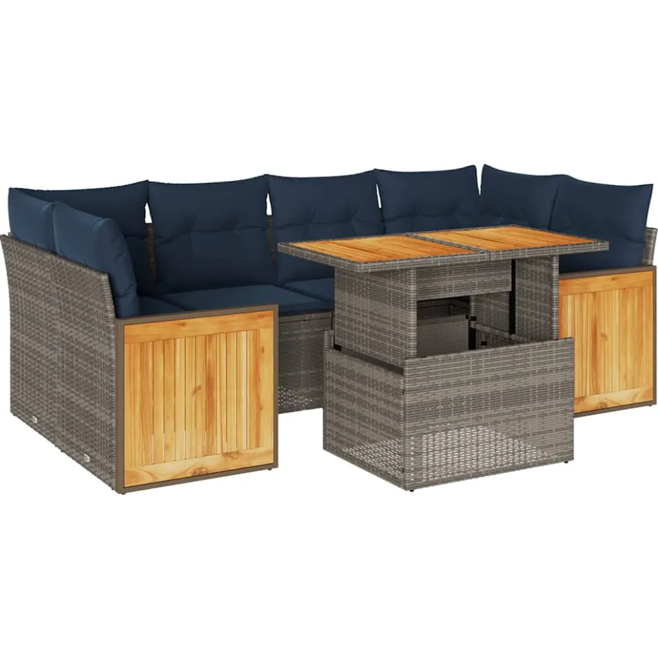 vidaXL 7-delige Loungeset met kussens poly rattan acacia grijs, foto 3