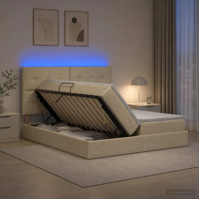 vidaXL LED Opslagbed met Matras Crèmekleurig 200 x 200 cm Stof
