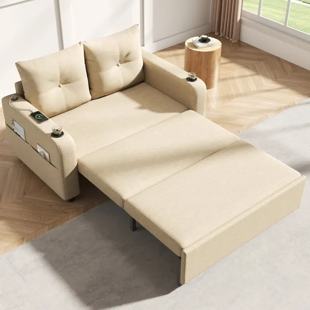 MEUNIQ 3-in-1 slaapbank 131 x 81 x 94 cm, 2-zits uitklapbare bedbank met USB en Type-C, drinkhouders, zijvakken, 2 kussens, beige