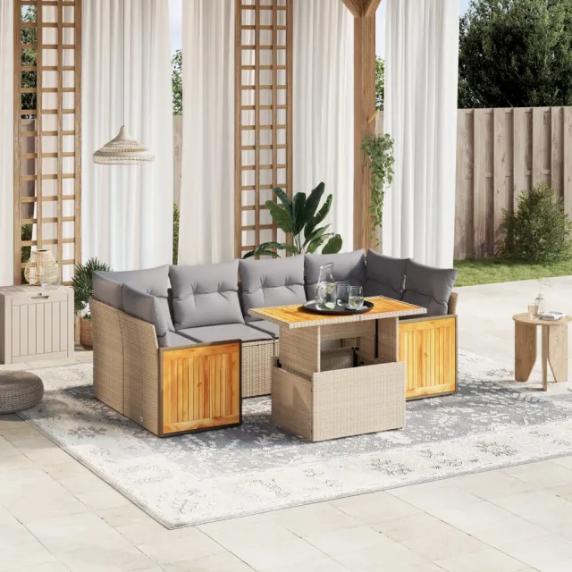 vidaXL 7-delige Loungeset met kussens poly rattan beige, foto 2