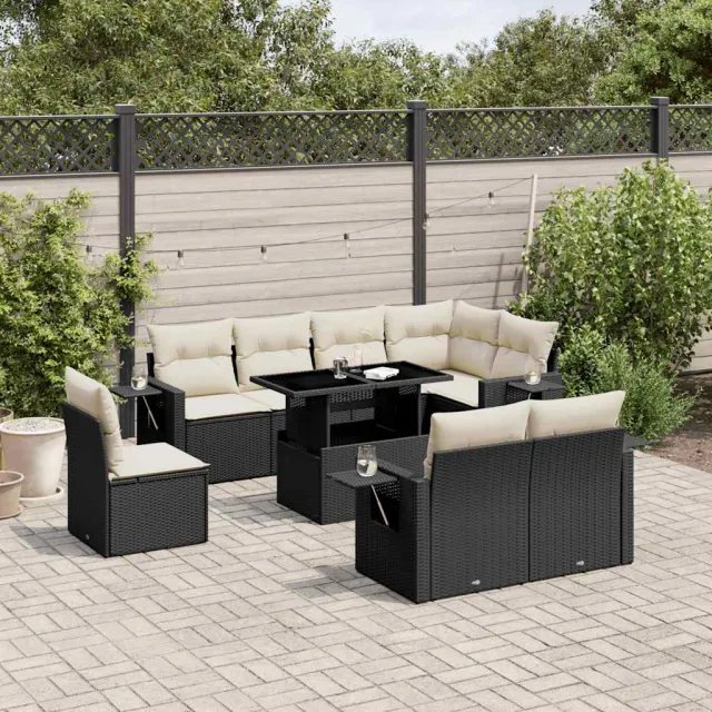 vidaXL 9-delige Loungeset met kussens poly rattan zwart, foto 2