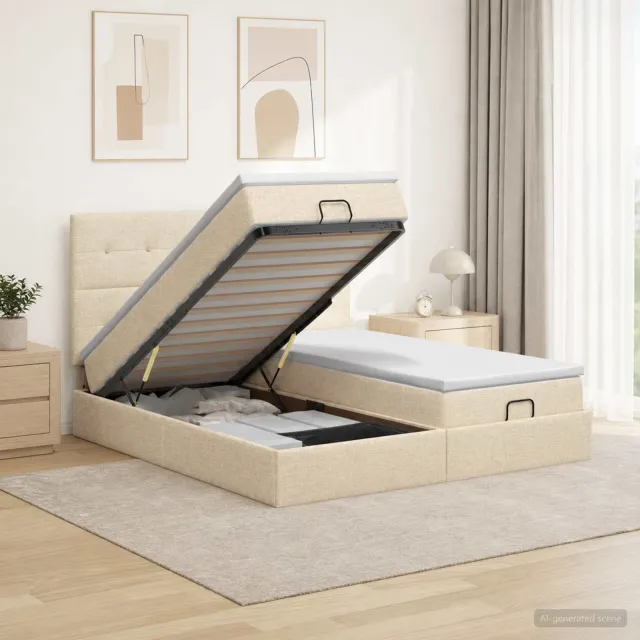 vidaXL Ottoman Bed met Matrassen en LED Crèmekleurig 200 x 200 cm Stof