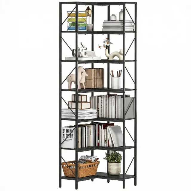 Lunpog Boekenkast - Hoekboekenkast met zeven planken in industriële stijl - 60 x 60 x 198 cm - Zwart