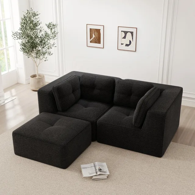 MEUNIQ modulaire hoekbank 2-zits L-vormig, corduroy bekleding, lage rugleuning en brede armleuningen, zwart, voor woonkamer of slaapkamer