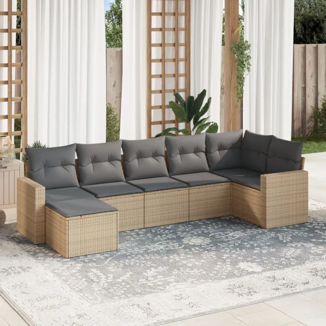 vidaXL 7-delige Loungeset met kussens poly rattan beige, foto 2