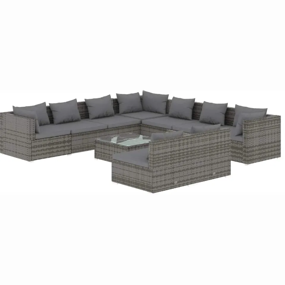 vidaXL 10-delige Loungeset met kussens poly rattan grijs