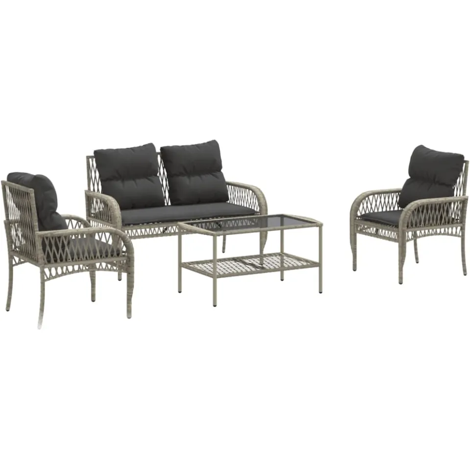 vidaXL 4-delige Loungeset met kussens poly rattan lichtgrijs grijs, foto 3