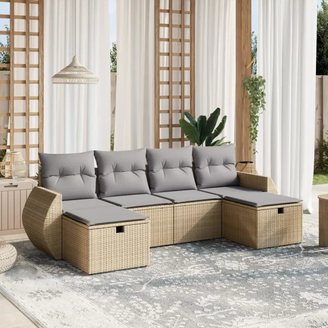 vidaXL 6-delige Loungeset met kussens poly rattan gemengd beige, foto 2