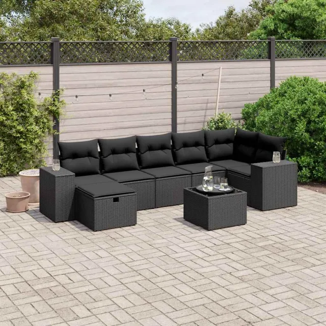 vidaXL 8-delige Loungeset met kussens poly rattan zwart, foto 2