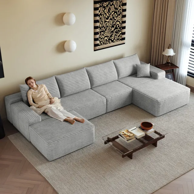 Wishdor Hoekbank 5-zits met L-vormige chaise longue - Modulaire bank zonder gereedschap - Zachte schuimvulling - Woonkamer slaapkamer appartement - Ribstof - Grijs - 340 x 175 x 83 cm