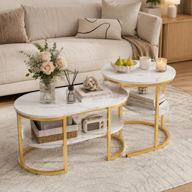MEXUS Salontafels Set van 2 ovale, 2-in-1 Bijzettafels met opbergruimte, salontafel met marmerlook voor woonkamer, balkon en kantoor - 80/52cm - Goud