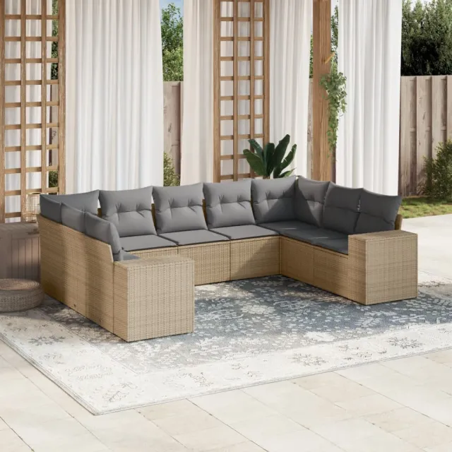 vidaXL 9-delige Loungeset met kussens poly rattan beige, foto 2