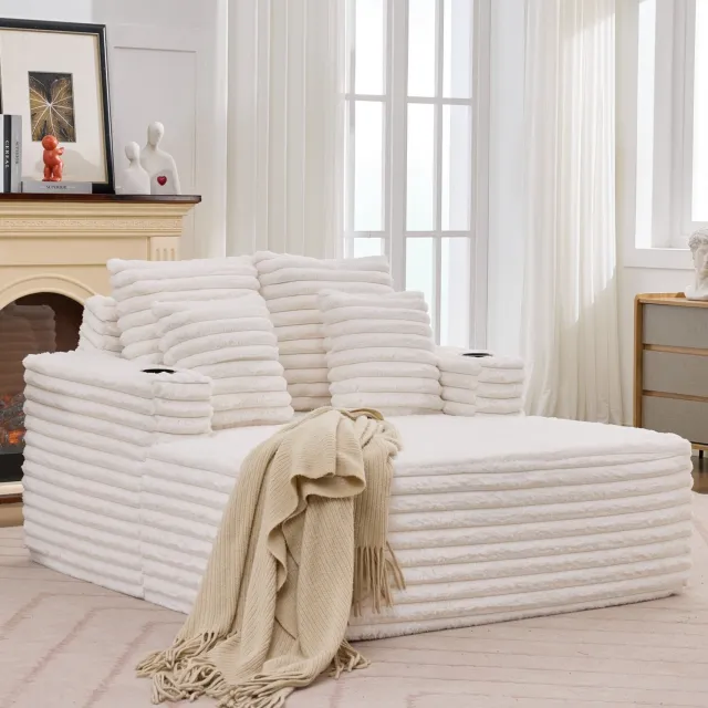 Wishdor Chaise longue 2-zits met bekerhouders - Zachte kunstbontbekleding - Segmentrugleuning - Moderne stijl - Woonkamer speelkamer kantoor - Wit - 135 x 128 x 86 cm