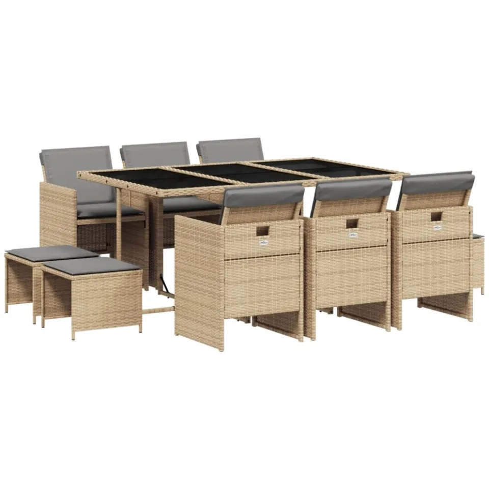 vidaXL 11-delige Tuinset met kussens poly rattan gemengd beige