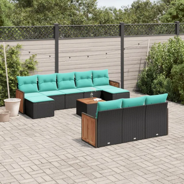 vidaXL 11-delige tuinbankset met kussens, zwart polyrotan, foto 2