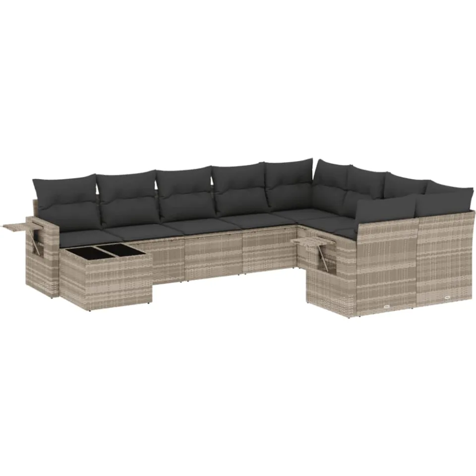 vidaXL 10-delige Loungeset met kussens poly rattan lichtgrijs