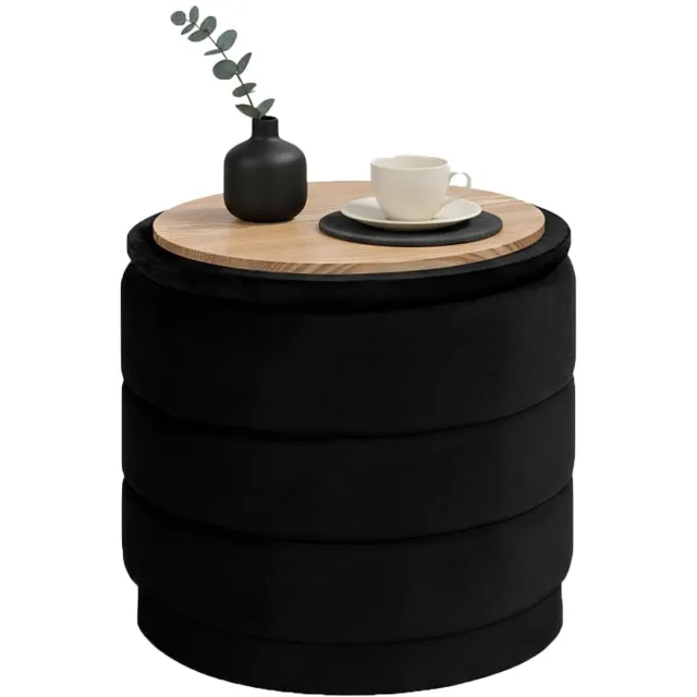 Famanu Ronde poef met deksel, inklapbare voetensteun met tafel voor woonkamer, slaapkamer en hal, fluweel, zwart, 39 x 39 x 37 cm
