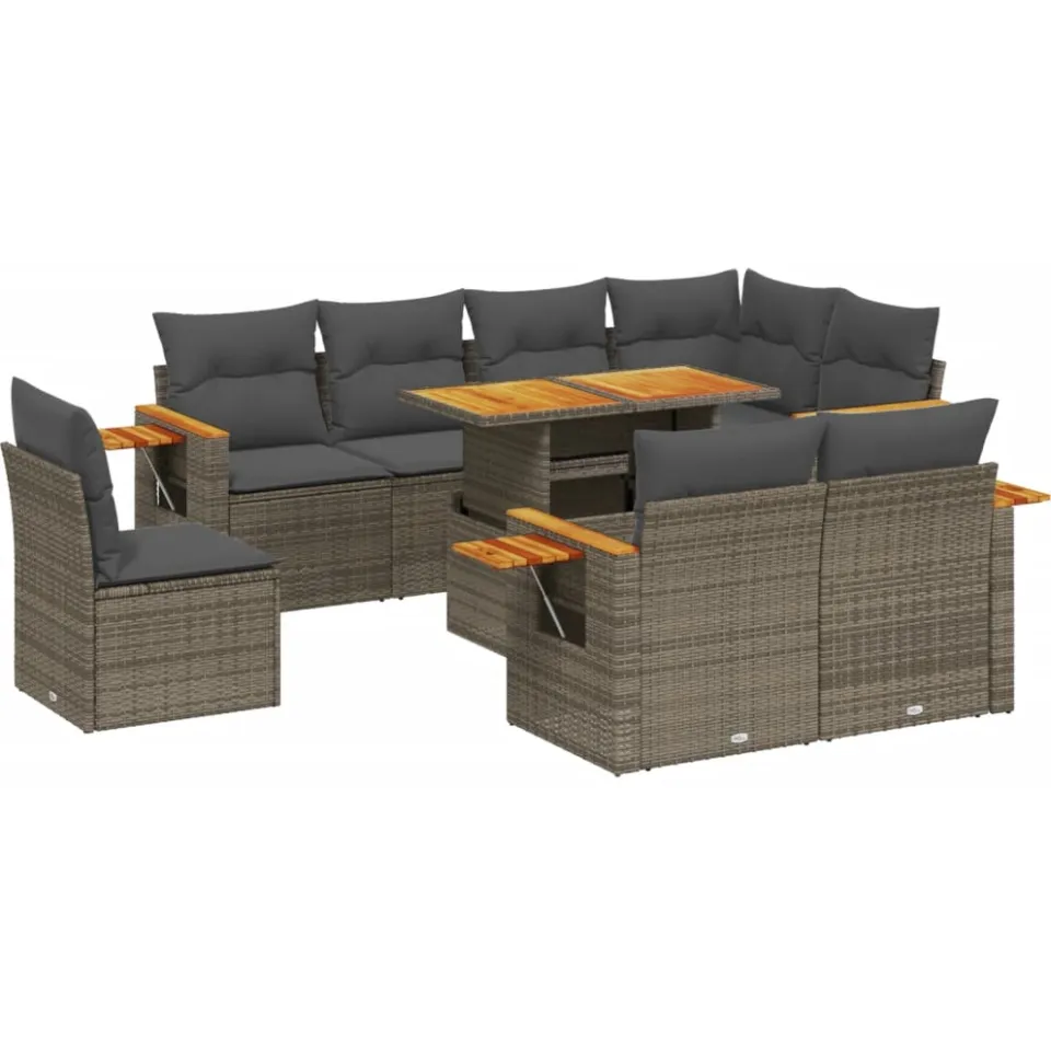 vidaXL 9-delige Loungeset met kussens poly rattan grijs, foto 3