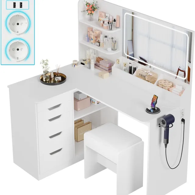 Devoko L-vormige Hoekkaptafel met Spiegel en LED-verlichting in 3 Lichtkleuren – 2 Stopcontacten, 2 USB-poorten en Föhnhouder – 5 Laden en 8 Open Opbergvakken – Inclusief Bijpassende Make-upkruk – 120 × 80 × 136 cm – Mat Wit