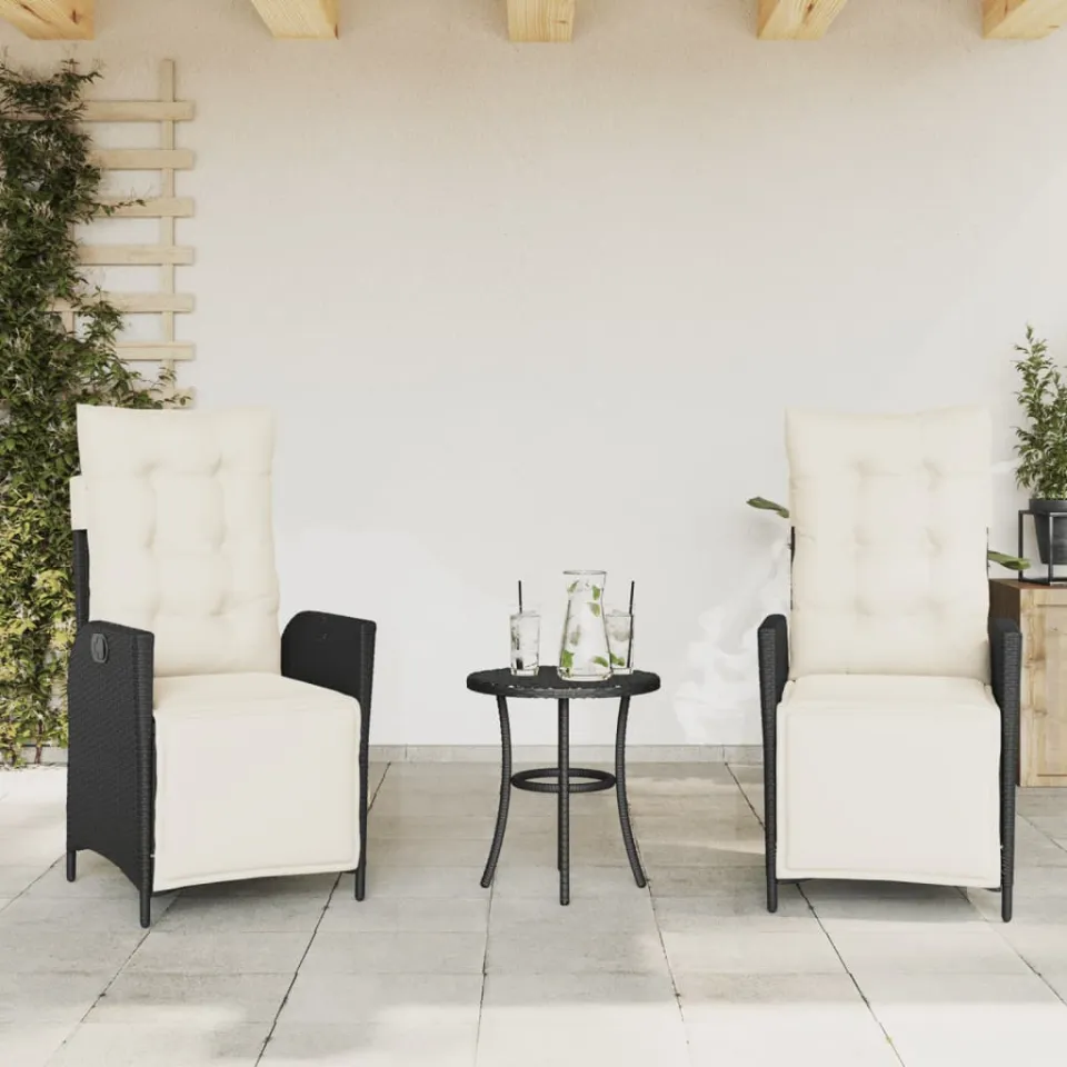 vidaXL 3-delige Bistroset met kussens poly rattan zwart, foto 2
