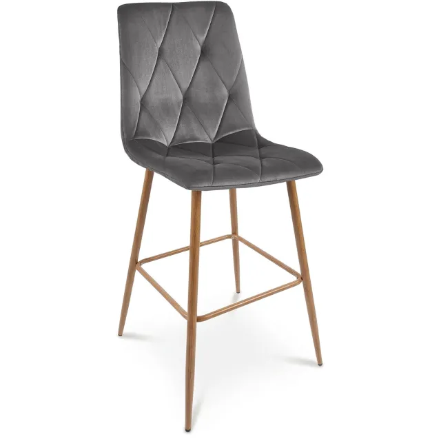Oskar LIBRA Barkruk – Donkergrijs Velvet – Metalen Poten in Eikenkleur – Met Voetensteun – Comfortabele Ergonomische Zitting – Modern Scandinavisch Design – Voor Keukeneiland, Bar en Eetkamer – Max. 110 kg