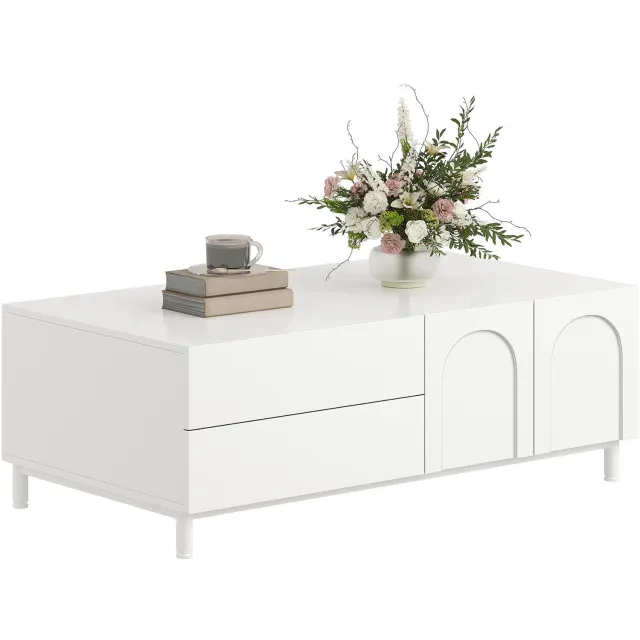 Clruro Salontafel - 100×50×39,5 cm - Boogreliëf - 2 Lades en 2 Deuren - MDF/Spaanplaat - Wit