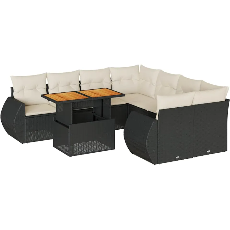 vidaXL 9-delige Loungeset met kussens poly rattan zwart, foto 3