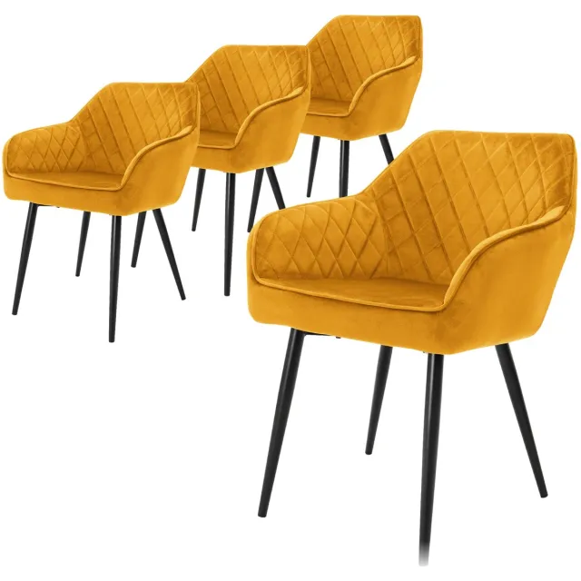 ml-design Eetkamerstoelen set van 4 met armleuningen en rugleuning, oker stoelen met comfortabele fluweel bekleding, stevige keukenstoelen met zwarte metalen poten, ergonomische en moderne stoelen voor eetkamer en woonkamer in huis Mosterd