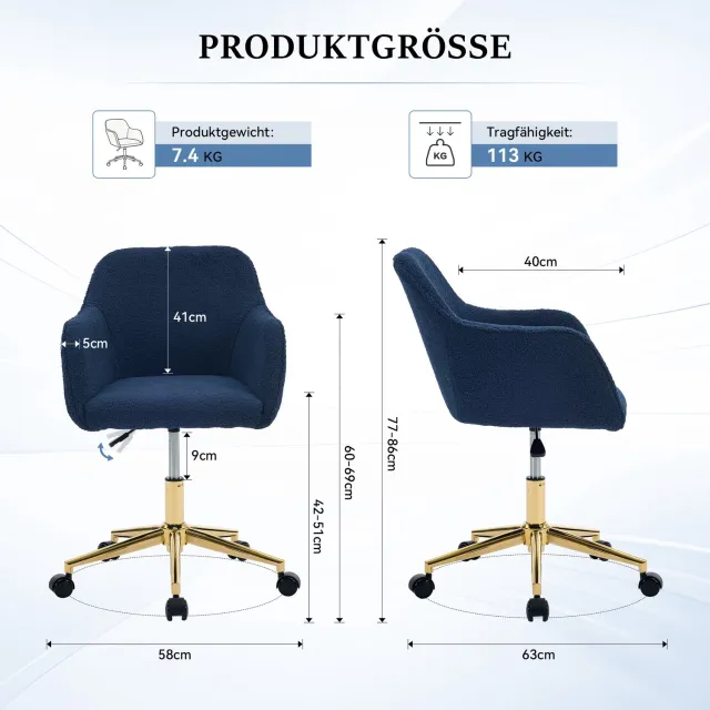 Vovtenza bureaustoel - gaming stoel - ergonomische bureaustoel - bureaustoelen voor volwassenen - Teddy fleece stof - In hoogte verstelbaar - 360° draaibaar - Gouden poten - Geschikt voor kantoor en thuiswerkplek - Grijs