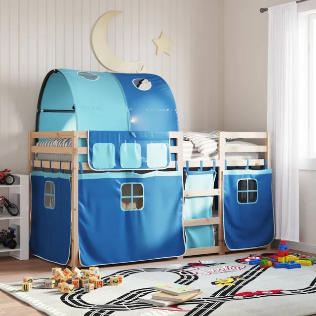 vidaXL Stapelbed met gordijnen 90x190 cm massief grenenhout blauw