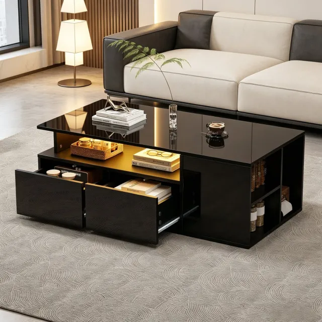 HAUSS SPOLE Salontafel Met Led Verlichting En 2 Lades Voor Woonkamer Met Opbergruimte Spaanplaat 100 X 50 X 35 Cm Zwart