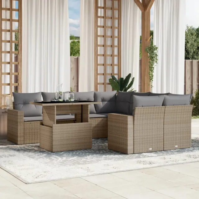 vidaXL 9-delige Loungeset met kussens poly rattan beige, foto 2