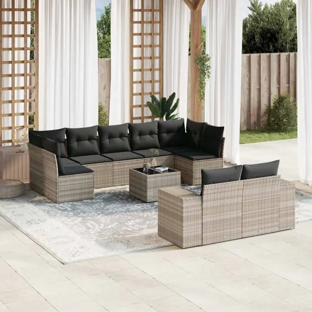 vidaXL 10-delige Loungeset met kussens poly rattan lichtgrijs grijs, foto 2