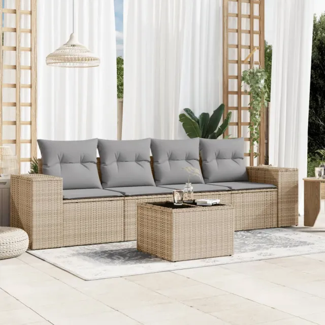 vidaXL 5-delige Loungeset met kussens poly rattan beige, foto 2